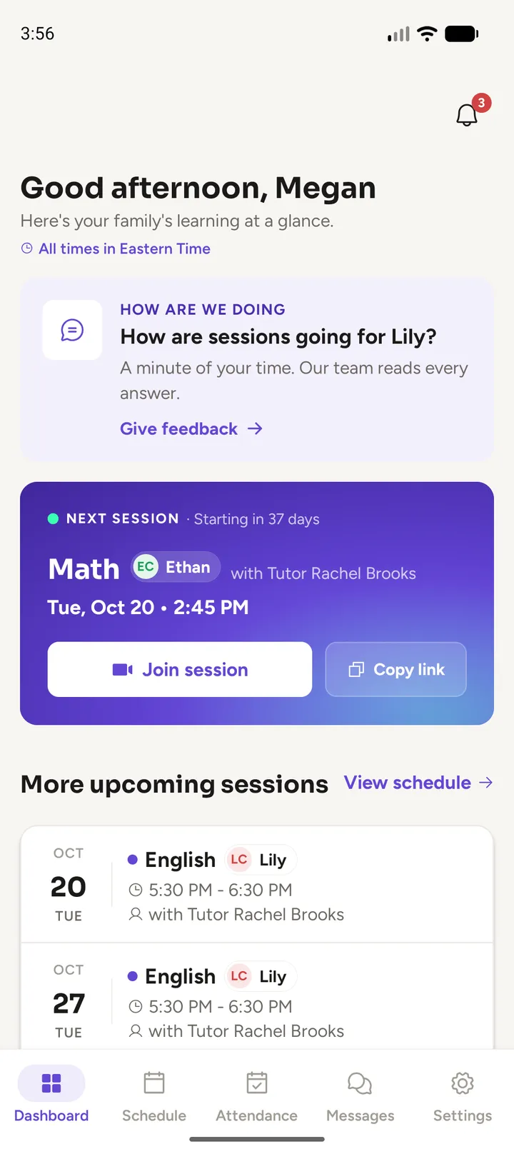 The Ruvimo app’s home screen: Good afternoon, Megan, with Ethan’s next Math session and Lily’s upcoming English sessions, all with Tutor Rachel Brooks.