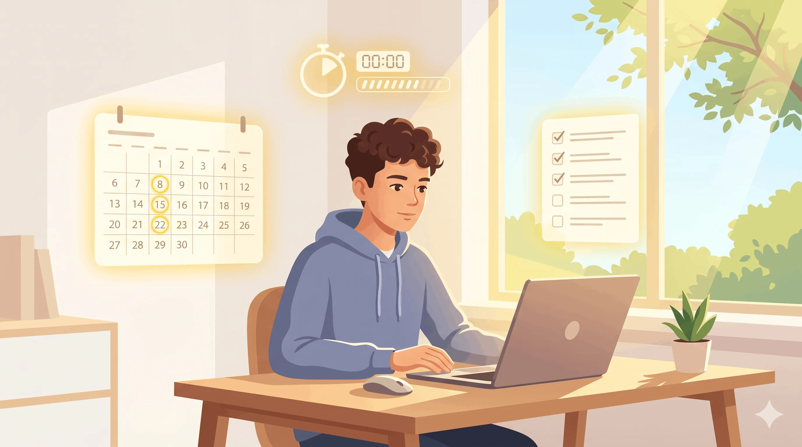 Cartoon illustration of a teenage boy in a blue hoodie working on a laptop at a sunlit desk, with a glowing wall calendar showing highlighted weekly dates (8, 15, 22, 29), a countdown timer reading 00:00 above him, and a checklist pinned to the window — symbolizing consistent study scheduling and habit tracking.
