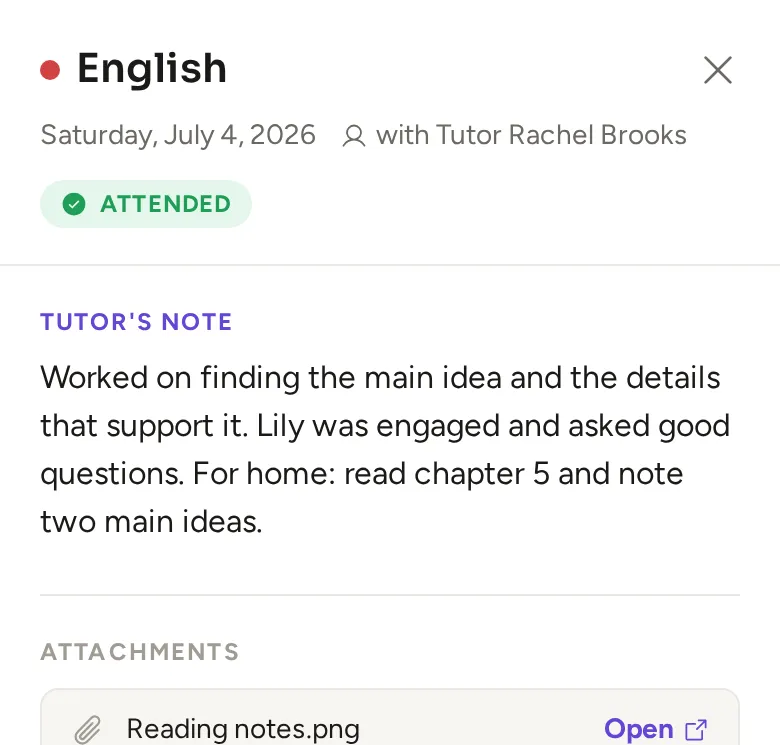 A tutor’s note in the parent portal for Lily’s English session, marked attended: they worked on finding the main idea, and she has two main ideas to note from chapter 5 at home.
