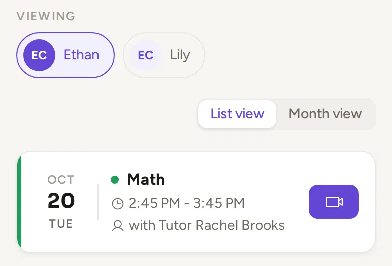 The schedule in the parent portal: Ethan’s next Math session on Tuesday, October 20 at 2:45 PM with Tutor Rachel Brooks, and a join button.