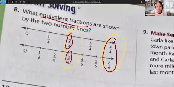 A tutor teaching equivalent fractions using two number lines